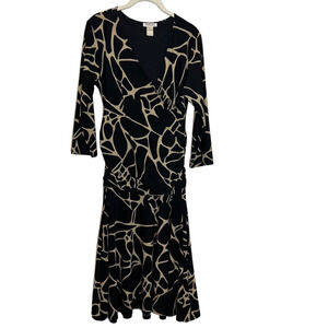 Harolds Womens Faux Wrap Ruched Dress Size Medium Black Giraffe Print Drop Waist